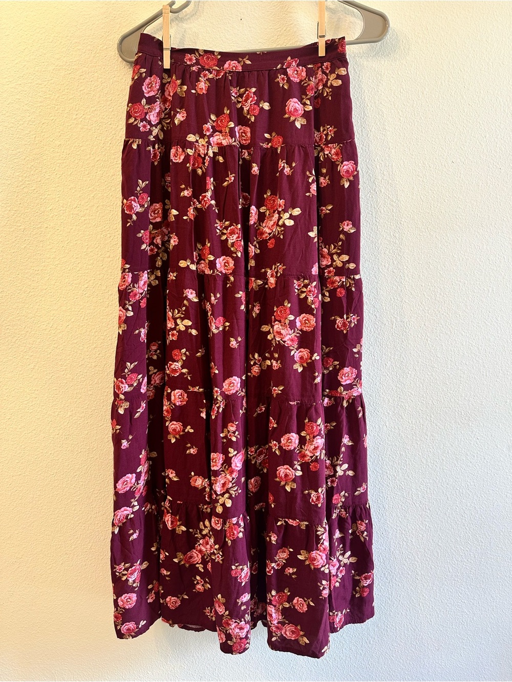 Floral Tiered Maxi Skirt - Burgundy Rose Print